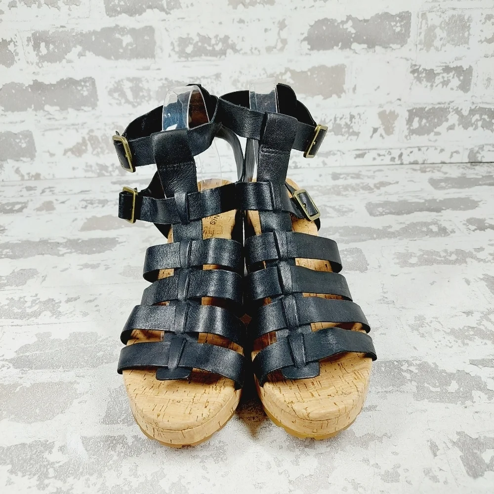 NEW Kork-Ease Camille Black Leather Block Heel Wedge Sandals E1014
